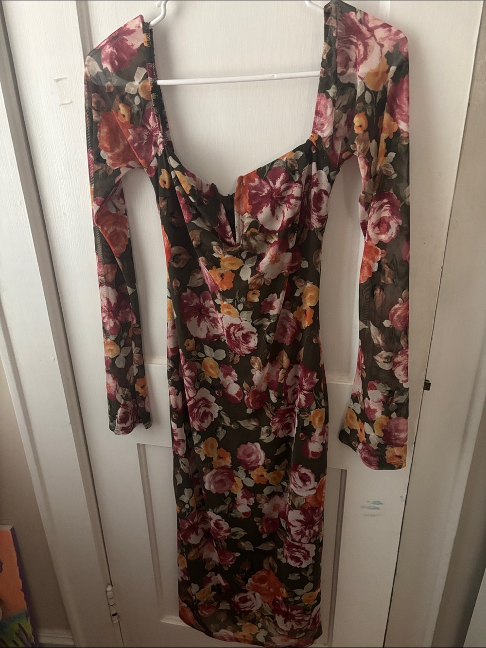 Long Sleeve Floral Scoop Midi Dress - Green Floral